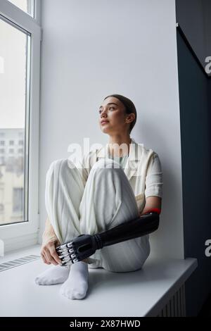 Nachdenkliche Frau mit schwarzem bionischem Arm, die zu Hause auf der Fensterbank sitzt Stockfoto