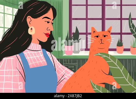 Eine Frau mit blauer Schürze genießt die Gesellschaft einer orangen Katze in einem grünen, mit Pflanzen gefüllten Raum Stockfoto