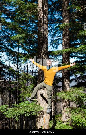 Lächelnder Mann, der auf Baumstumpf balanciert Stockfoto