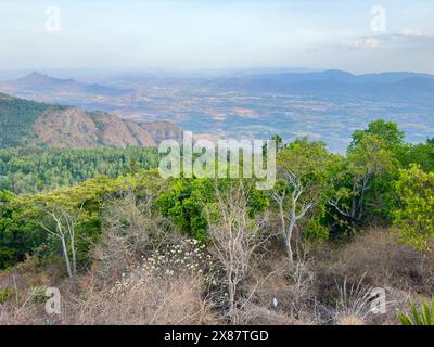 Wunderschöne Landschaft der Ebenen und der Stadt salem von einem Pagode Punkt in Yercaud, Tamil Nadu Stockfoto