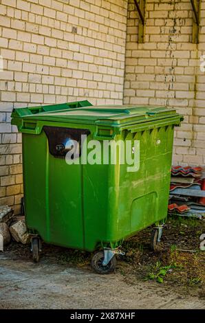Grüne Plastikmülldosen zur getrennten Müllsammlung. Hochwertige Fotos Stockfoto