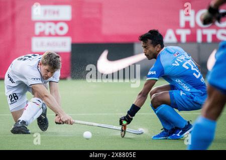 Antwerpen, Belgien. Mai 2024. Der belgische Victor Wegnez wurde während eines Eishockeyspiels zwischen der belgischen Nationalmannschaft Red Lions und Indien im Spiel 6/16 in der Gruppenphase der FIH Pro League 2024 am Donnerstag, den 23. Mai 2024, in Antwerpen gezeigt. BELGA FOTO JASPER JACOBS Credit: Belga News Agency/Alamy Live News Stockfoto
