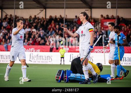 Antwerpen, Belgien. Mai 2024. Der Belgier Felix Denayer feiert, nachdem er während eines Hockeyspiels zwischen der belgischen Nationalmannschaft Red Lions und Indien ein 6/16er-Match in der Gruppenphase der FIH Pro League 2024 erzielt hatte, Donnerstag, den 23. Mai 2024, in Antwerpen. BELGA FOTO JASPER JACOBS Credit: Belga News Agency/Alamy Live News Stockfoto