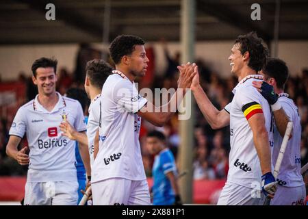 Antwerpen, Belgien. Mai 2024. Der Belgier Felix Denayer feiert, nachdem er während eines Hockeyspiels zwischen der belgischen Nationalmannschaft Red Lions und Indien ein 6/16er-Match in der Gruppenphase der FIH Pro League 2024 erzielt hatte, Donnerstag, den 23. Mai 2024, in Antwerpen. BELGA FOTO JASPER JACOBS Credit: Belga News Agency/Alamy Live News Stockfoto