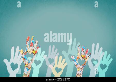 Autismus, ADHS, Aufmerksamkeitsdefizit Hyperaktivitätsstörung, psychische Gesundheit, Hände mit bunten Puzzle oder Puzzleteile Stockfoto