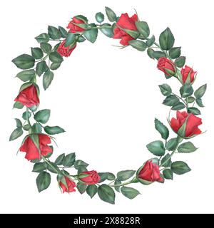 Rosen. Kranz mit Rosenzweigen im modernen Stil. Dunkelrote Blume. Romantische, tiefe Rubinblüten. Aquarellabbildung. Runder Rahmen mit leerem Raum Stockfoto
