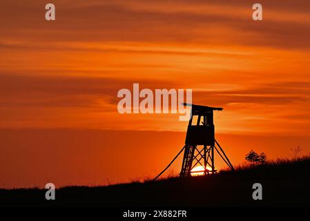 Sieversdorf, Deutschland. Mai 2024. Bei Sonnenuntergang leuchtet der Himmel hell rot-orange über der Landschaft mit einem hohen Jägerstand im oder-Spree-Bezirk Ostbrandenburgs. Quelle: Patrick Pleul/dpa/Alamy Live News Stockfoto