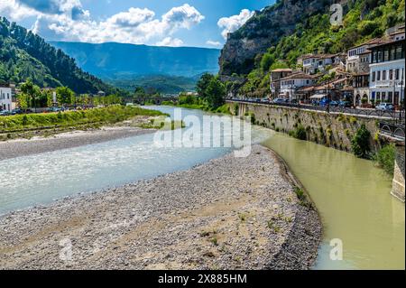 Blick auf den Fluss Osum in Richtung der alten Steinbrücke in Berat, Albanien im Sommer Stockfoto