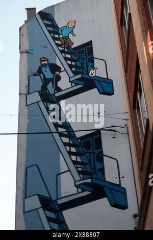 Tintin-Comic-Fototapete auf einer Wand 37 Rue de l’Etuve, Brüssel Belgien Stockfoto