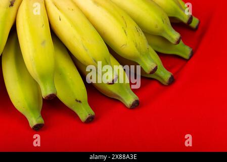 Nahaufnahme eines Haufens reifer Bananen. Isoliert auf rotem Hintergrund. Stockfoto