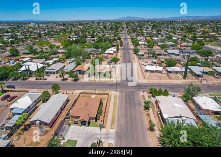 Luftaufnahme von Douglas Arizona in den Vereinigten Staaten, Grenzmauer und Agua Prieta Sonora Mexiko Stadt grenzt an die USA. Douglas in Cochise County im US-Bundesstaat. (Luis Gutierrez / Norte Photo) Vista Aerea de Douglas Arizona en Lo Estados Unidos, muro fronterizo y Agua Prieta Sonora Mexico ciudad mexicana frentera con EU. Douglas en el condado de Cochise en el estado estadounidense. (Foto Luis Gutierrez / Norte) Stockfoto