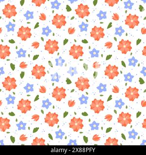 Vektor des Blumenmusters. Niedlicher, nahtloser weißer Hintergrund mit Blumenmuster. Wiederkehrende Darstellung von handgezeichneten botanischen Elementen Stock Vektor