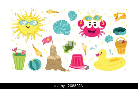 Sommer-Icons Set. Sonne, Ball, aufblasbares Entenspielzeug und Krabbe. Elemente für Kinder spielen im Sand. Zeichentrickset für Ihre Designvorlagen, Postkarten a Stock Vektor