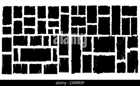 Set aus gezacktem Rechteck in Schwarz-weiß-Form. Kantenvorlage für raue Vektorgrafik. Pappschrott-Collage-Rahmen und alte Seitenkratzschere Stock Vektor