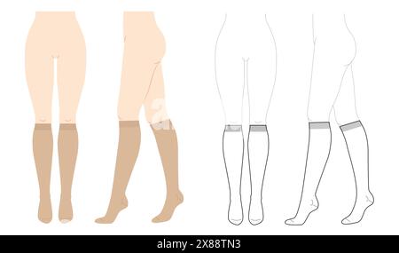 Kniehohe Socken auf den Beinen für Damen – natürlicher Beige- und Linienstil. Strumpfwaren Mode Accessoire Kleidung technische Illustration Strumpf. Vektorfront, Seitenansicht, Modellskizze für flache Vorlagen Stock Vektor