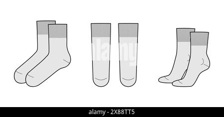 Langes Set mit Crew-Socken. Mode Strumpfwaren Accessoire Kleidung technische Illustration. Vektor-Vorderseite, Seitenansicht für Männer, Frauen, Unisex-Stil, flache Vorlage CAD-Modell Skizze Umriss isoliert auf weiß Stock Vektor