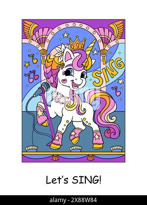 Süße, glückliche Einhorn-Popstar-Sängerin und ein Lied. Farbvektordarstellung für Cartoon-Zeichen. Einhorn-Poster und Bucheinband. Für Karten, drucken, de Stock Vektor