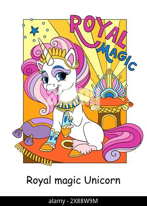 Süße glückliche Einhornkönigin mit goldenem Diadem. Königlicher Einhorn-Schriftzug. Zeichentrickfigur Farbvektor Illustration. Einhornplakat und Buchumschlag. Für c Stock Vektor