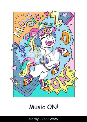 Niedliches Happy Einhorn, das Musik mit Schriftzug „Musik“ hört. Zeichentrickfigur Farbvektor Illustration. Einhornplakat und Buchumschlag. Für Karte, prin Stock Vektor