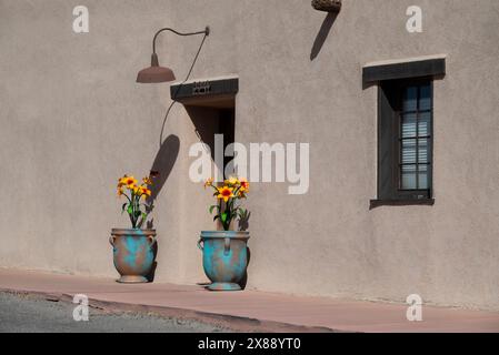 Eintritt in Eine Wohnung im New Mexican Stil mit türkisfarbenen Pflanztöpfen mit schwerer Patina, die Pop-Art-Blumen aus Metall in Las Cruces, NM, USA Stockfoto