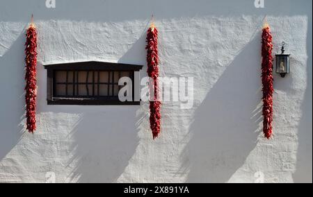 Seitliche Beleuchtung der roten Chili Ristras, die an der weißen Wand mit schwarzem Holzfenster an der Außenseite der traditionellen südNew Mexico Wohnstätte in Mesilla, NM, hängen Stockfoto