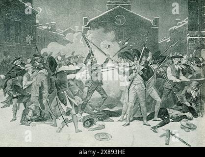 Das Massaker von Boston war ein Straßenkampf, der am 5. März 1770 zwischen einem „Patrioten“-Mob, der Schneebälle, Steine und Stöcke warf, und einem Trupp britischer Soldaten stattfand. Mehrere Kolonisten Stockfoto