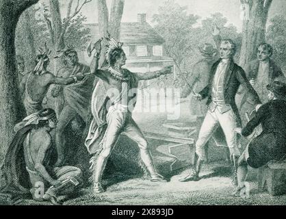 Tecumseh sagte Harrison: Indische Ländereien seien Gemeineigentum und könnten nicht ohne Zustimmung aller indischen Nationen verkauft werden; die Konföderation wollte Frieden und ihr Land bewahren, aber sie würde ihre Dörfer vor dem US-Vormarsch verteidigen. In Tecumseh Abwesenheit 1811 führte Harrison Truppen in umkämpfte Länder entlang des Wabash River. In der Schlacht an der Themse nördlich des Erie-Sees am 5. Oktober 1813 besiegte Harrison die Vereinigten britischen und indischen Streitkräfte und tötete Tecumseh. Harrison wurde später Präsident der Vereinigten Staaten und übernahm 1841 sein Amt Stockfoto
