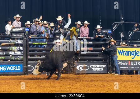 PBR World Finals 2024 in Dallas, Texas - Stierkämpfer hält acht Sekunden an Stockfoto