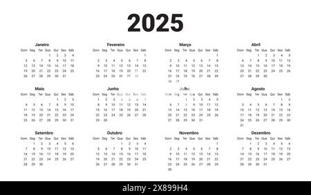 Horizontaler Vorlagenkalender Neujahr 2025. Portugiesisches Kalenderdesign. Die portugiesische Woche beginnt am Montag. Jährliches Raster auf weiß. Stock Vektor