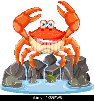 Fröhliche Krabbe, die auf Felsen am Wasser steht Stock Vektor