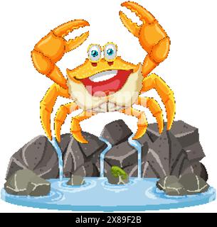 Fröhliche Krabbe, die auf Felsen am Wasser steht Stock Vektor