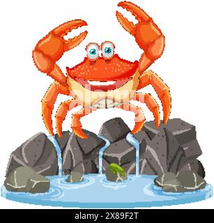Fröhliche Krabbe, die auf Felsen am Wasser steht Stock Vektor
