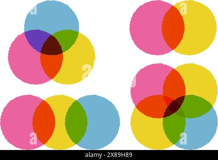 Venn-Diagramme. Kreisschnittpunkt für Infografik. Diagrammvorlage 2, 3 und 4. Vektorgrafik für Unternehmen. Mathematische Objekte des Risographen Stock Vektor