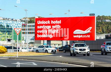 Eine große Webjet-Werbetafel am Wellington International Airport. Stockfoto