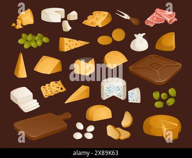Große Auswahl an verschiedenen Käsesorten und anderen Vorspeisen für Wein auf braunem Hintergrund. Vektorillustration in realistischem Stil Stock Vektor