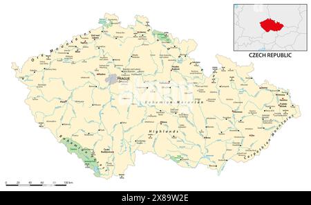 Detaillierte physische Karte der Tschechischen Republik mit Beschriftung Stockfoto