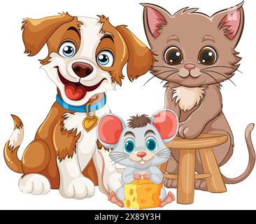 Hund, Katze und Maus sitzen glücklich zusammen Stock Vektor