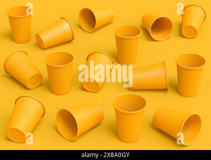 Set aus Kunststoff Einweg-Partybecher isoliert auf monochromem gelbem Hintergrund. 3D-Rendering von Take Away Glas für Saft, frisch, Bier Stockfoto