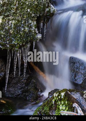 Ein kleiner Wasserfall in Schweden ist mit Eiszapfen an den Seiten geschmückt, die eine atemberaubende Winterszene schaffen. Stockfoto