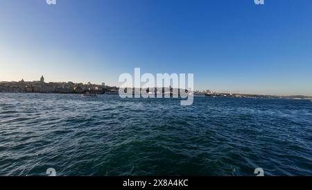 Fotos der Meerenge des Bosporus und des Stadthafens von Istanbul vom Boot aus während des sonnigen Frühlingstages Stockfoto