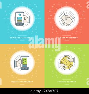 Illustrationen mit flacher Linie. Trendige moderne dünne lineare Konturvektorsymbole Geschäftskonzepte. Für Website-Grafiken, mobile Apps, Infografik-Design, Stock Vektor