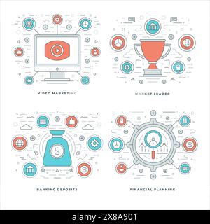 Flatline Video Marketing, Finanzplanung, Bankeinlage, Geschäftskonzepte Set Vektorillustrationen. Moderne dünne lineare Konturvektorsymbole. Wir Stock Vektor