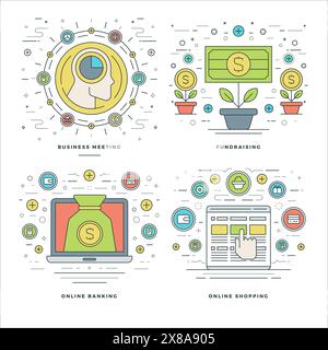 Flatline Meeting, Fundraising, Banking, Shopping Business Concepts Set Vector Illustrations. Moderne dünne lineare Konturvektorsymbole. Website-Header G Stock Vektor