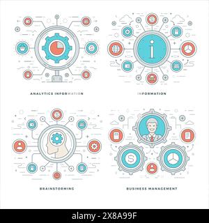 Flatline Analytics Informationen, Brainstorming, Konzepte für das Business Team Management setzen Vektorabbildungen. Moderne dünne lineare Konturvektorsymbole. Wir Stock Vektor