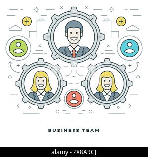 Flat Line Teambuilding und Management. Vektorabbildung. Moderne dünne lineare Konturvektorsymbole. Website-Header-Grafiken, Banner, Infografiken Des Stock Vektor