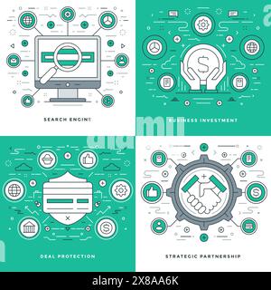 Flatline Search Engine, Investment, Deal Protection Business Concepts Set Vektorillustrationen. Moderne dünne lineare Konturvektorsymbole. Website Heade Stock Vektor