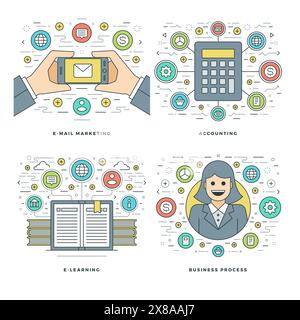 Flatline Accounting, E-Learning, E-Mail Marketing, Business Process Concepts setzen Vektorabbildungen. Moderne dünne lineare Konturvektorsymbole. Websit Stock Vektor