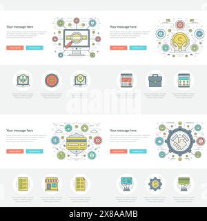 Flache Geschäftskonzepte legen Vektorabbildungen fest. Moderne dünne lineare Konturvektorsymbole. Für Website-Grafiken, Infografik-Design, Promotional M Stock Vektor