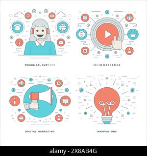 Flatline technischer Support, digitales Marketing, Innovationen Ideen, Geschäftskonzepte setzen Vektorillustrationen. Moderne dünne lineare Konturvektorsymbole. Stock Vektor