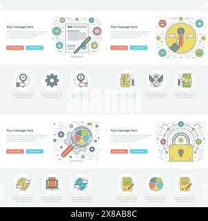 Flache Geschäftskonzepte legen Vektorabbildungen fest. Moderne dünne lineare Konturvektorsymbole. Für Website-Grafiken, Infografik-Design, Promotional M Stock Vektor